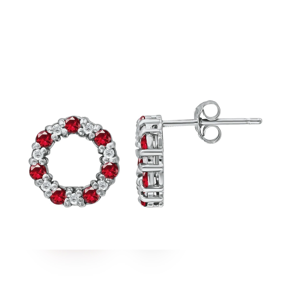 Silver Ruby And Cubic Zirconia Circle Studd Earrings
